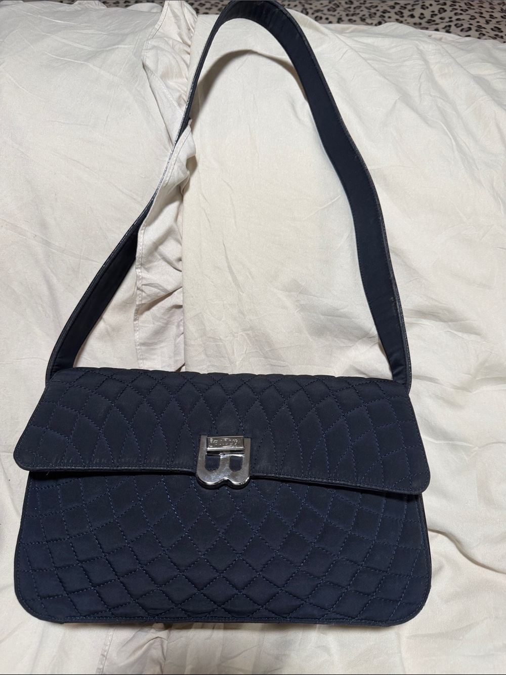 Bally Quilted Navy Shoulder Bag with Silver Turn-Lock
